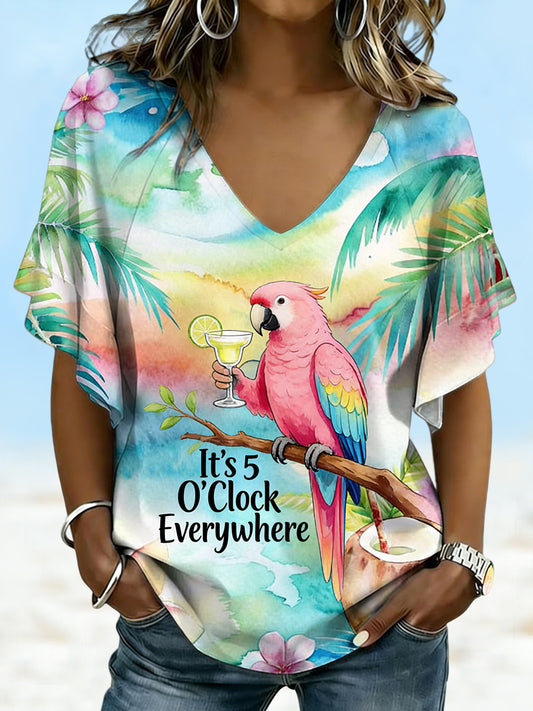 Women's “It's 5 O'Clock Everywhere” Watercolor Print Casual V-Neck Shirt
