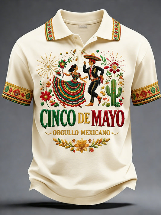 Men's Retro Mexican Cinco de Mayo Art Print Casual Polo Shirt