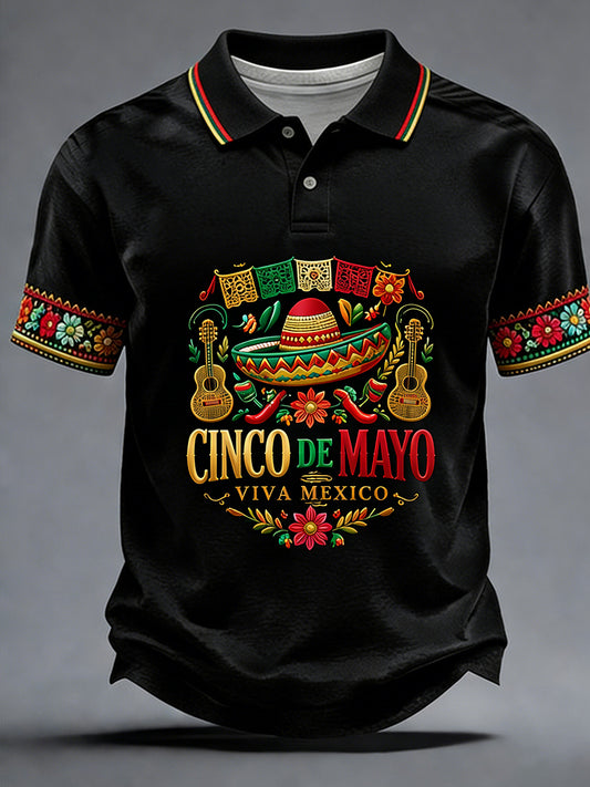 Men's Retro Mexican Cinco de Mayo Art Print Casual Polo Shirt