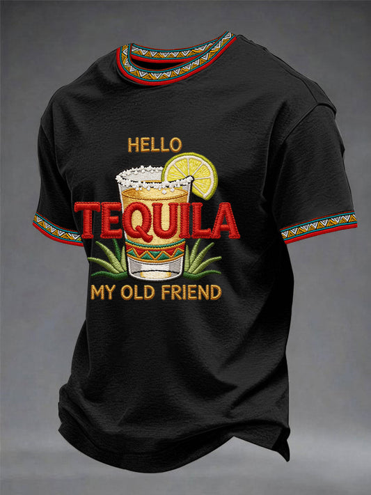 Men's Funny HELLO TEQUILA MY OLD FRIEND Print Casual Tee
