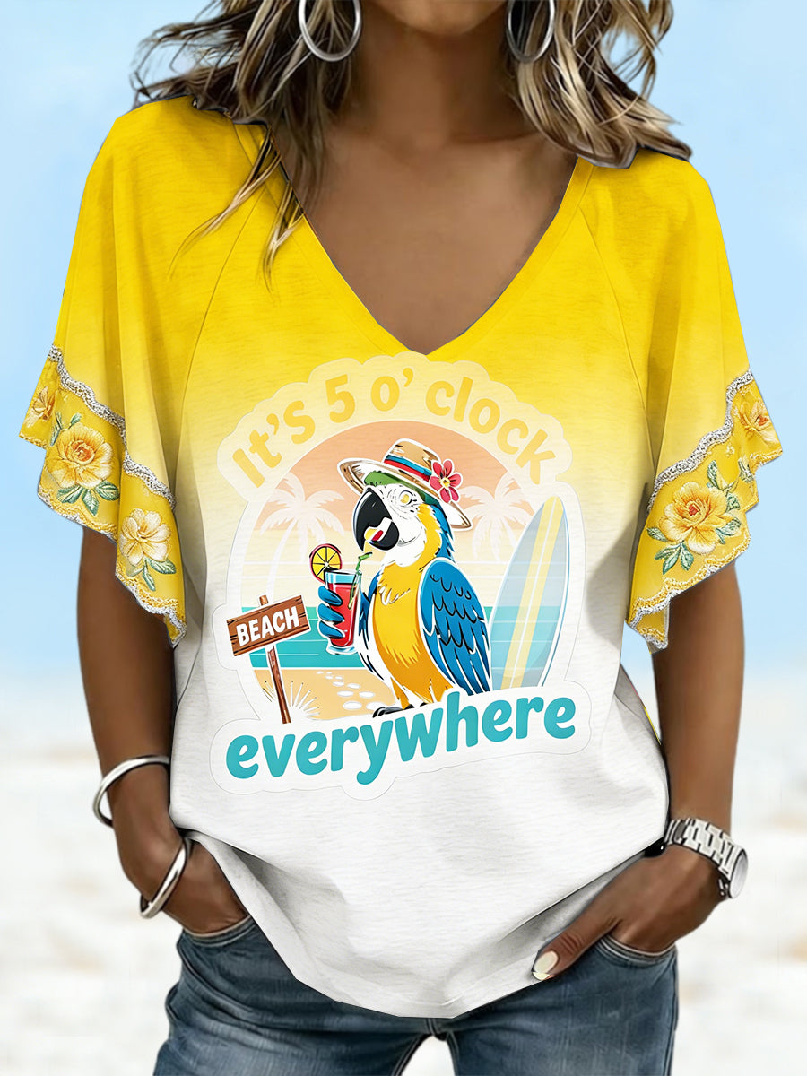Women's Yellow Holiday-Style Gradient Print Casual Drop-Shoulder V-Neck T-Shirt