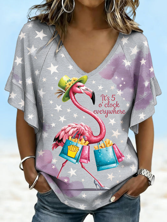 Women’s Flamingo Holiday-Inspired Print Fashion Grey V-neck T-shirt