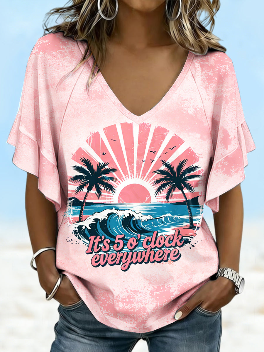 Women’s Pink Day’ Print Casual V-neck T-shirt