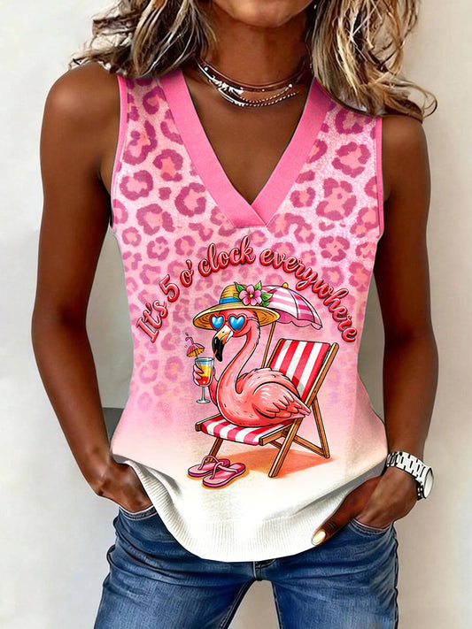 Women’s Pink Flamingo Leopard-Print Gradient Print Casual V-Neck Vest