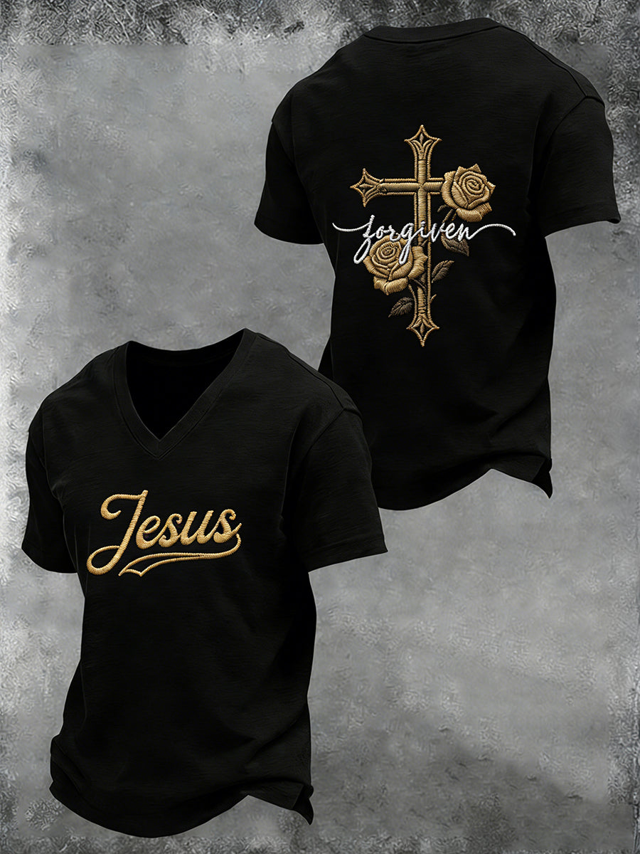 Men's Christian Cross Printed V-neck T-shirt