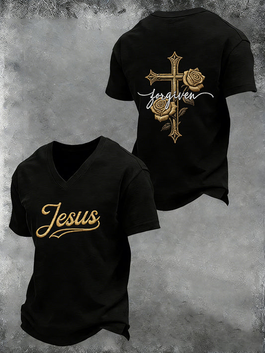 Men's Christian Cross Printed V-neck T-shirt