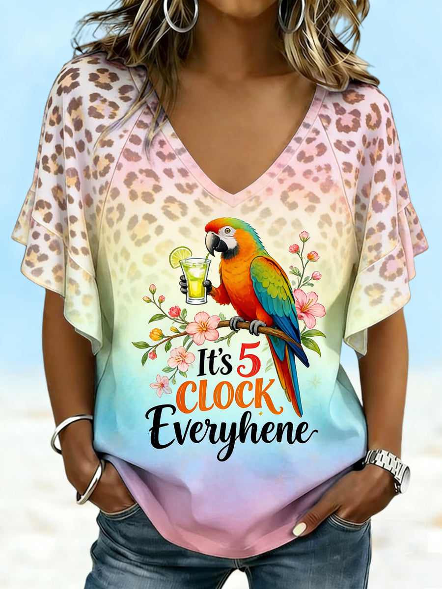 It's 5 O'Clock Everywhere Women's Hawaiian-Print Leopard-Print T-Shirt