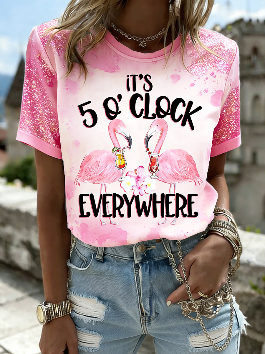 Women's Pink Summer “It's 5 o'clock” Flamingo Print Casual T-shirt