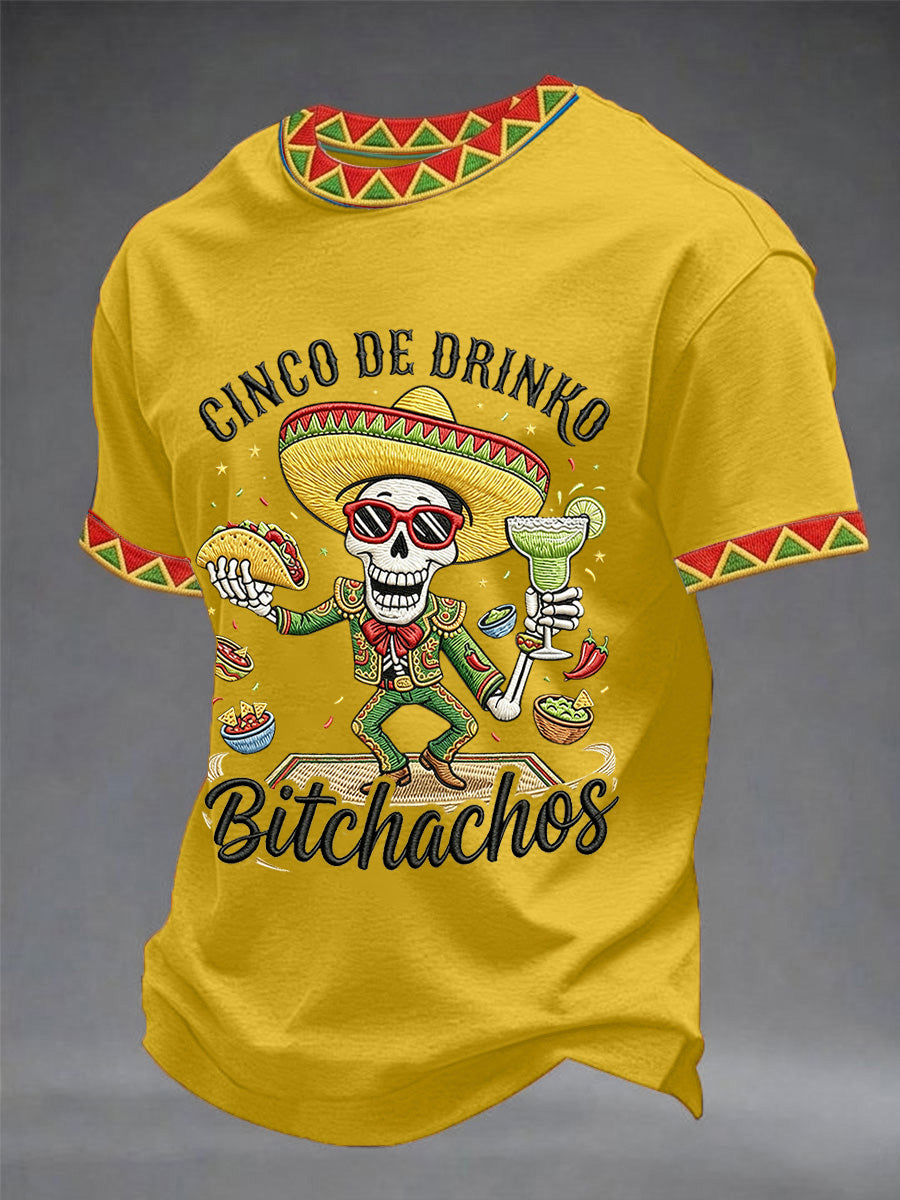 Men's Funny Cinco De Drinko Bitchachos Skull Print Tee