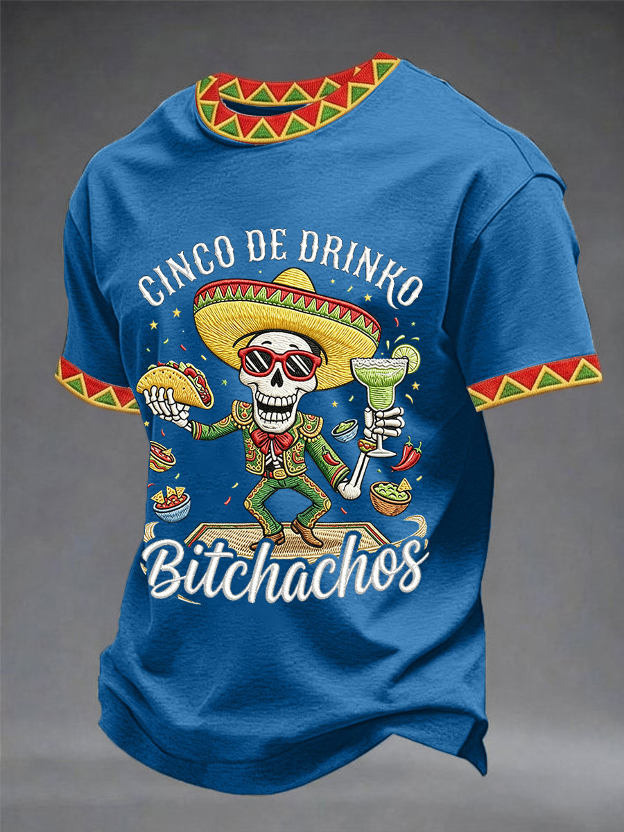 Men's Funny Cinco De Drinko Bitchachos Skull Print Tee