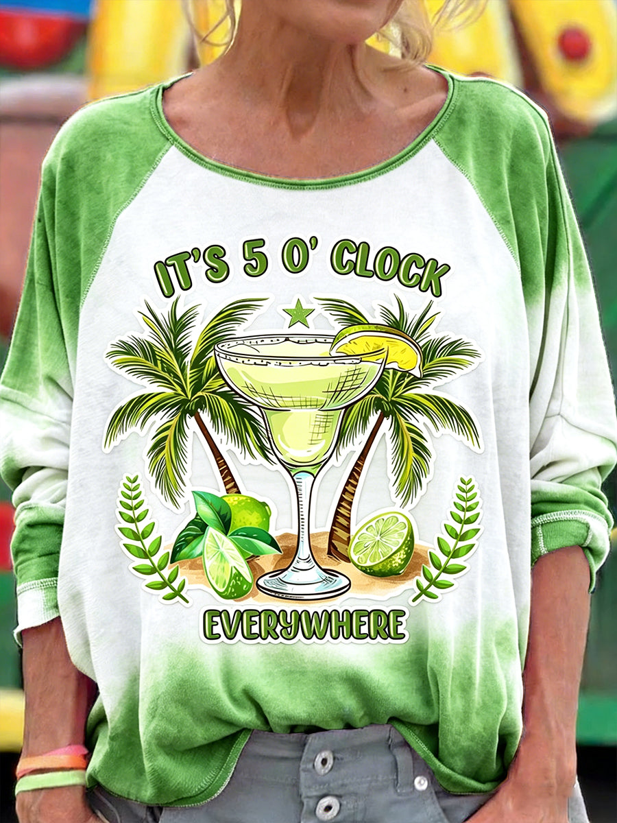 Women's Holiday Style “It's 5 o'clock” Summer Gradient Print Casual Long-Sleeved T-shirt
