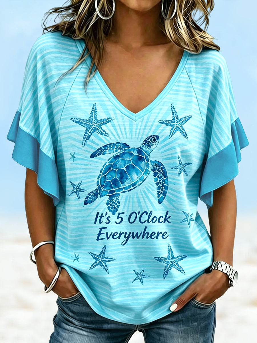 Women's “It's 5 O'Clock Everywhere” Hawaiian Turtle V-Neck T-Shirt