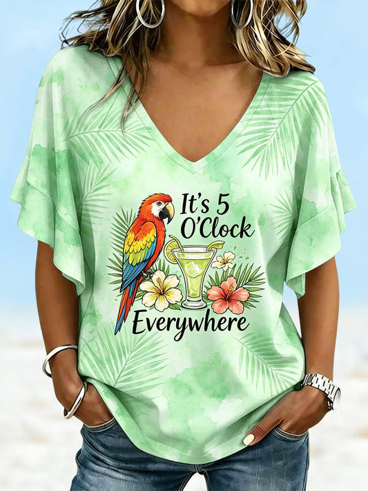 Women's It's 5 O'Clock Everywhere Hawaiian Palm Leaf Casual V-Neck T-Shirt