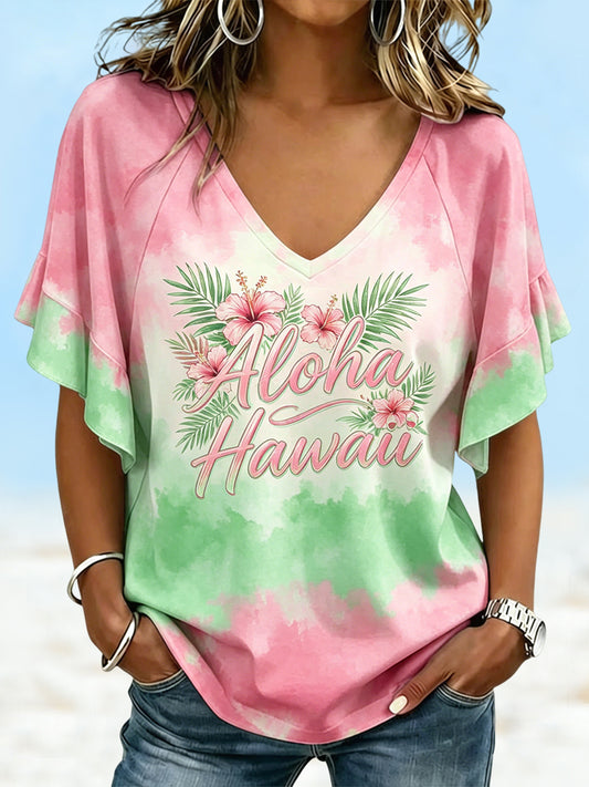 Women's Aloha Hawaii Tropical Floral Casual V-Neck T-Shirt