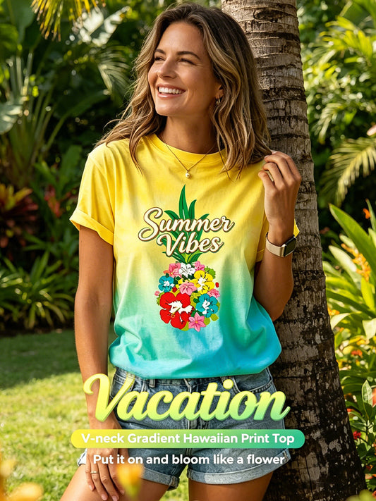 Women's Artistic Pineapple Floral Hawaiian Vacation T-Shirt