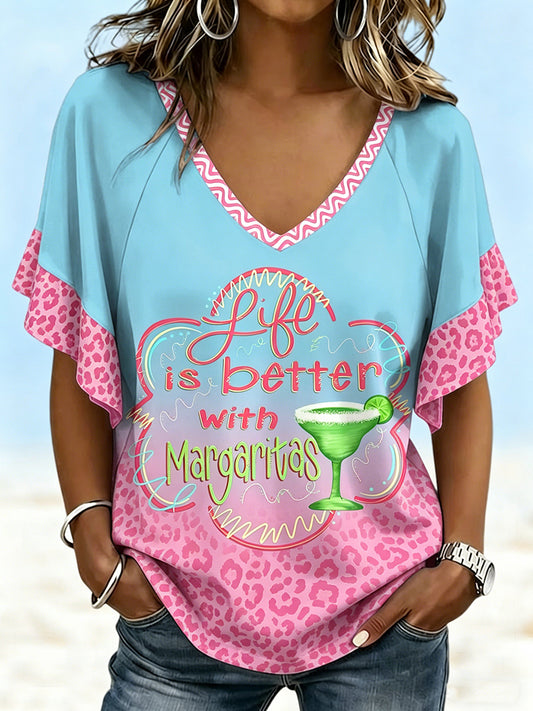Women's Vacation Floral Printed V-neck Ruffle Sleeve T-shirt