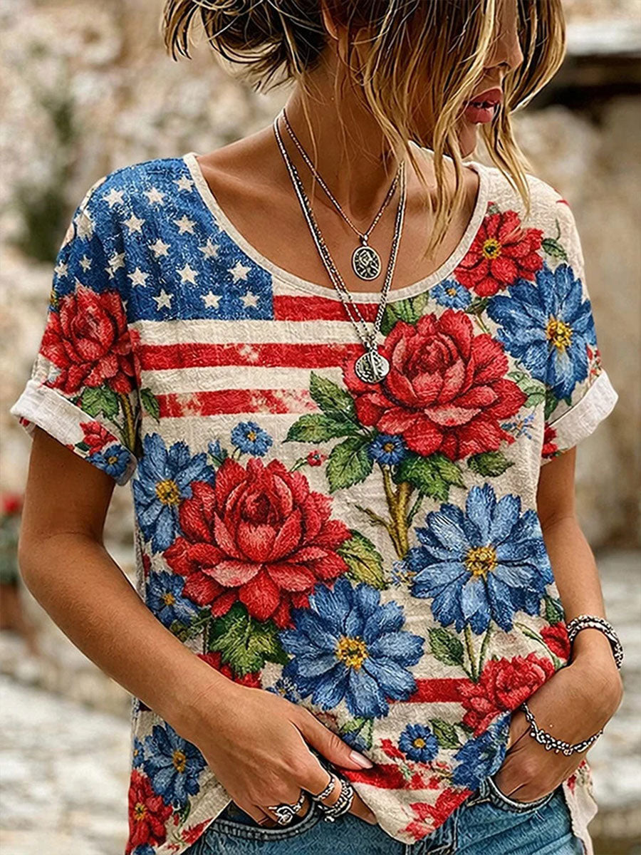 Women's American Flag Floral Casual T-Shirt