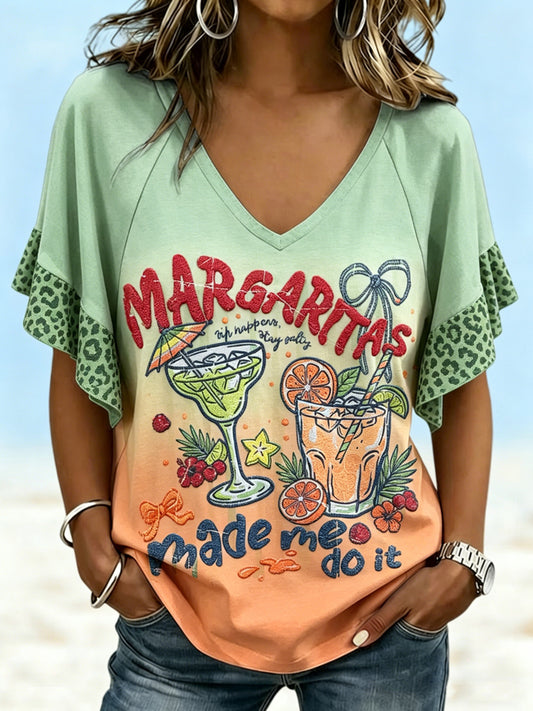 Women's Vacation Floral Printed V-neck Ruffle Sleeve T-shirt