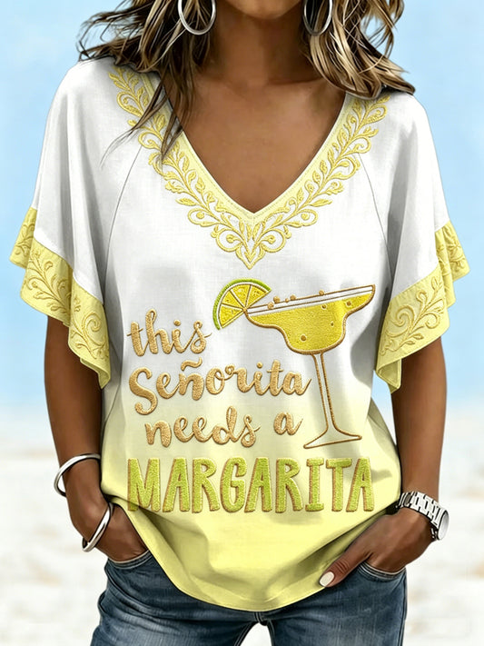 Women's Vacation Floral Printed V-neck Ruffle Sleeve T-shirt