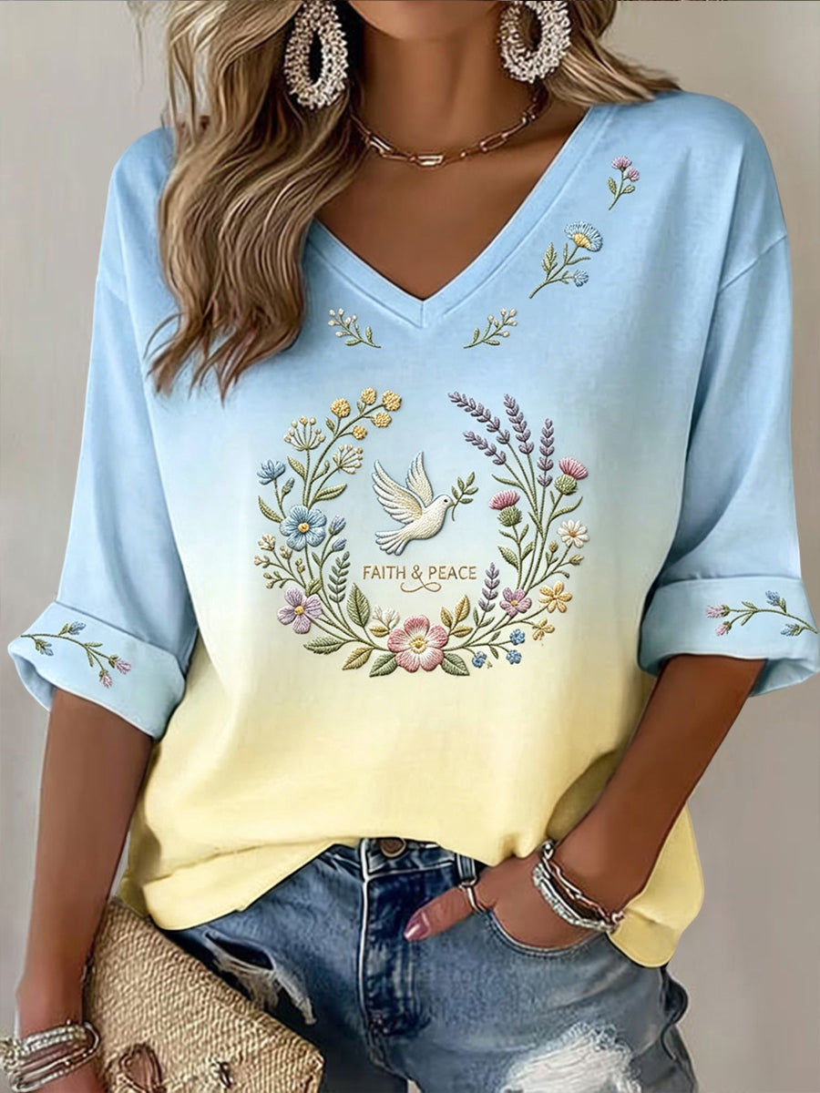 Women's Retro Peace-Themed Gradient Casual V-Neck T-Shirt