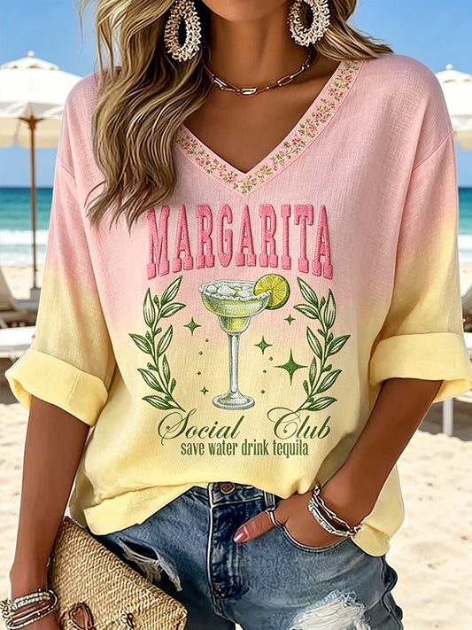 Women's V-neck Mid-Sleeve Vacation Printed Casual T-shirt