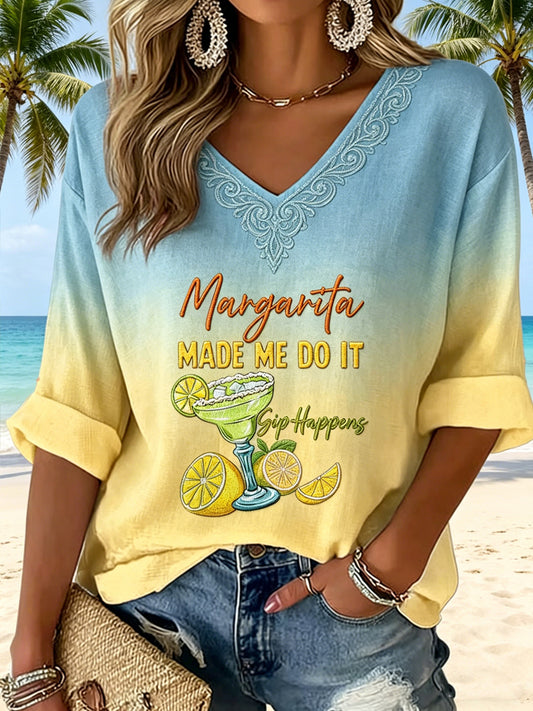 Women's V-neck Mid-Sleeve Vacation Printed Casual T-shirt