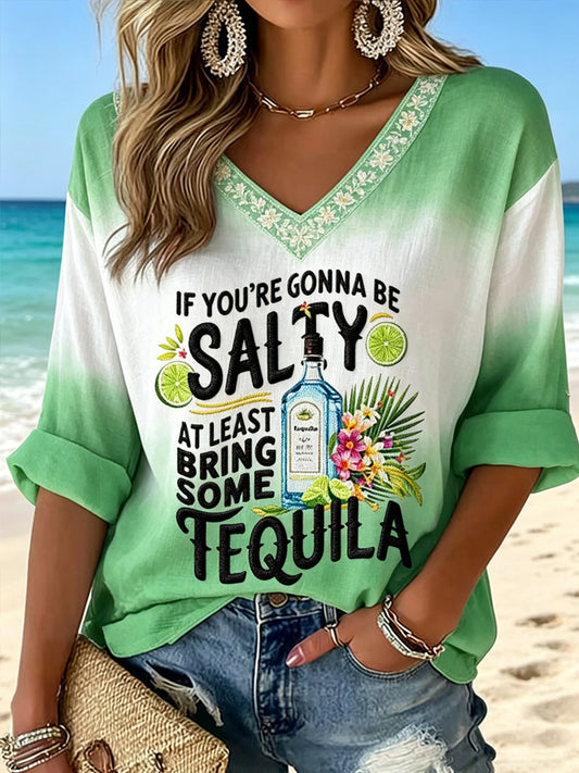 Women's V-neck Mid-Sleeve Vacation Printed Casual T-shirt