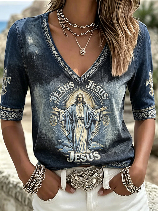 Women's Jesus Denim Art Printed Linen Shirt