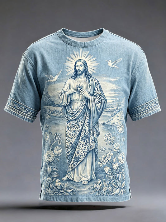 Unisex Jesus Denim Art Printed Linen Shirt