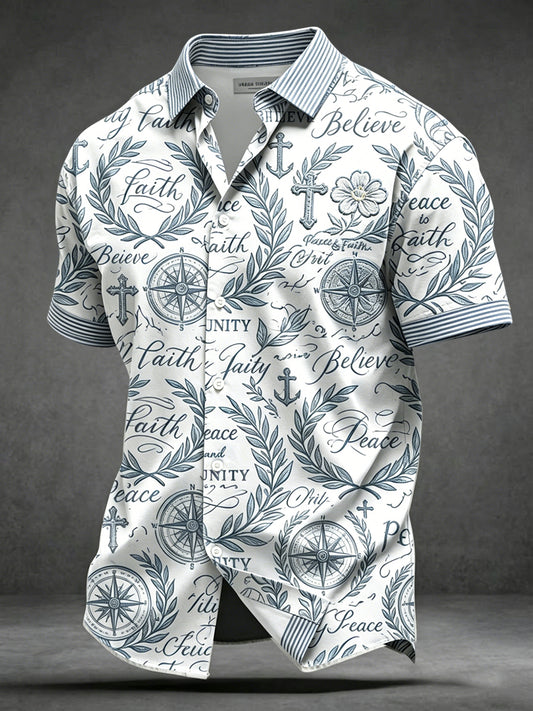 Retro Striped Patchwork “Faith in Peace” Casual Shirt