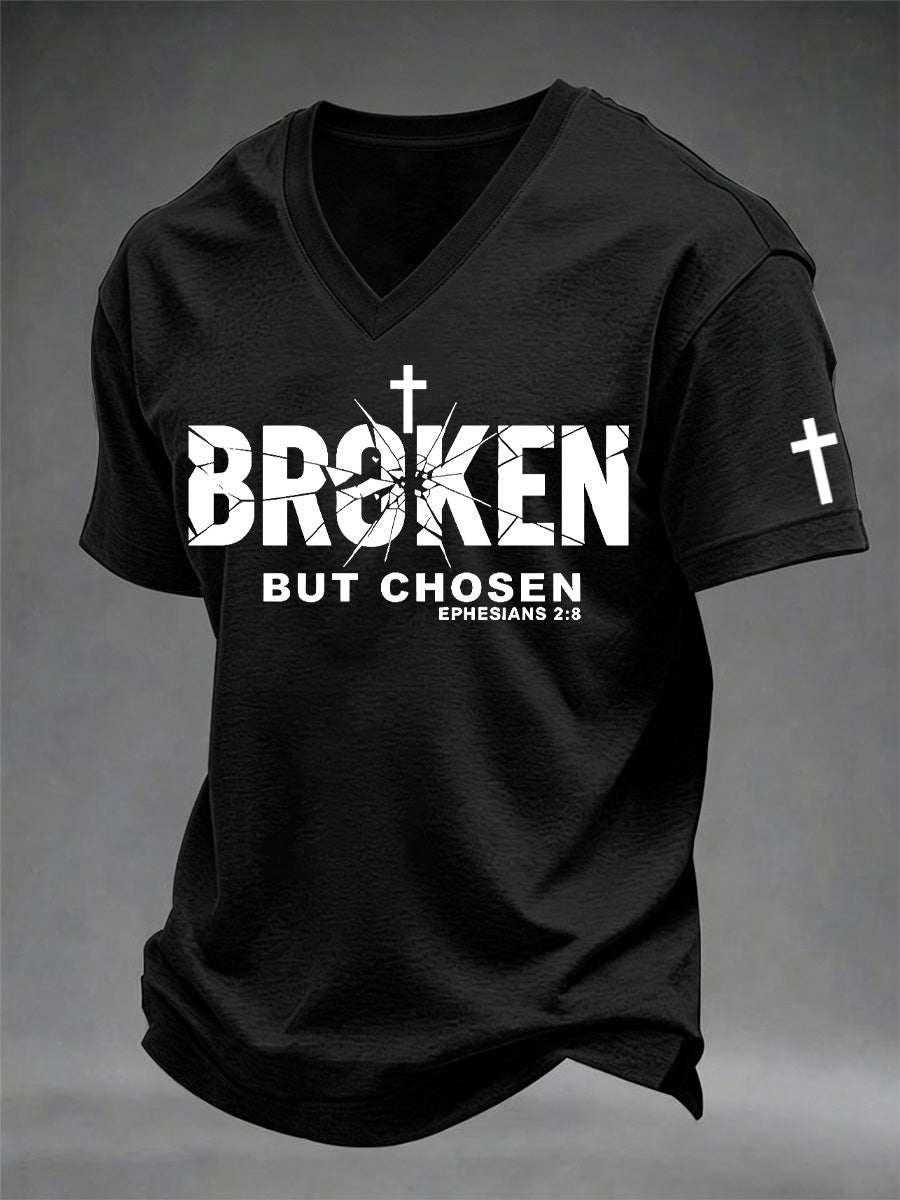 Men's Christian Cross Broken But Chosen Print V-Neck Tee