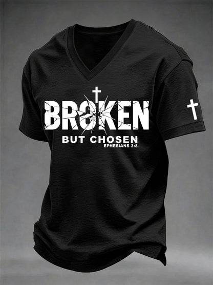 Men's Christian Cross Broken But Chosen Print V-Neck Tee