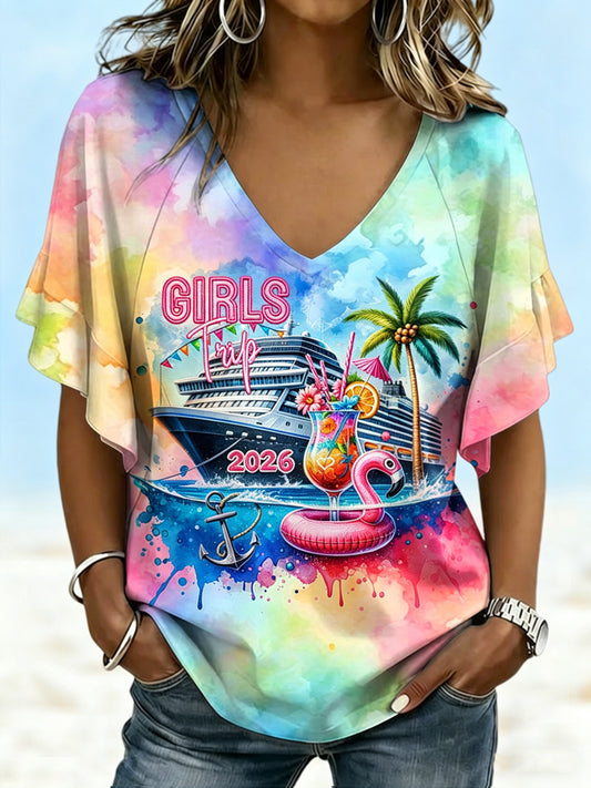 Women's Girl's Trip Floral Printed V-neck Ruffle Sleeve T-shirt