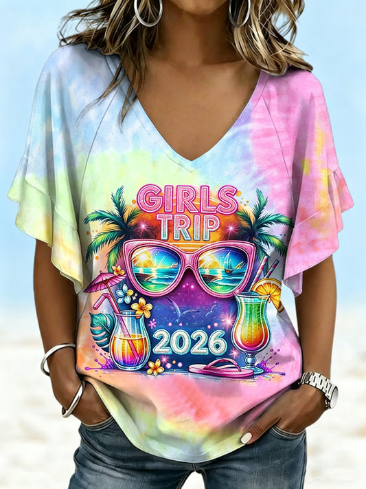 Women's Girl's Trip Floral Printed V-neck Ruffle Sleeve T-shirt
