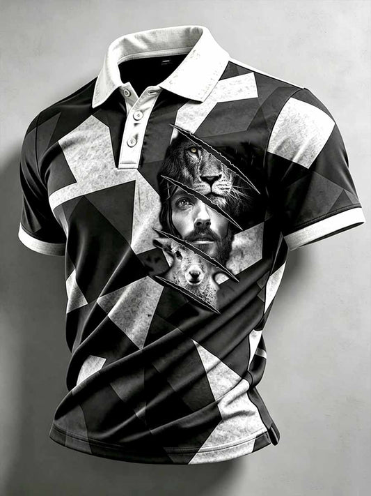 Men's Retro Jesus Faith Print Casual Polo Shirt