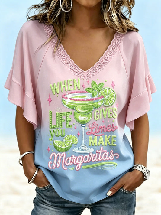 Women's Margrita Printed V-neck Ruffle Sleeve T-shirt