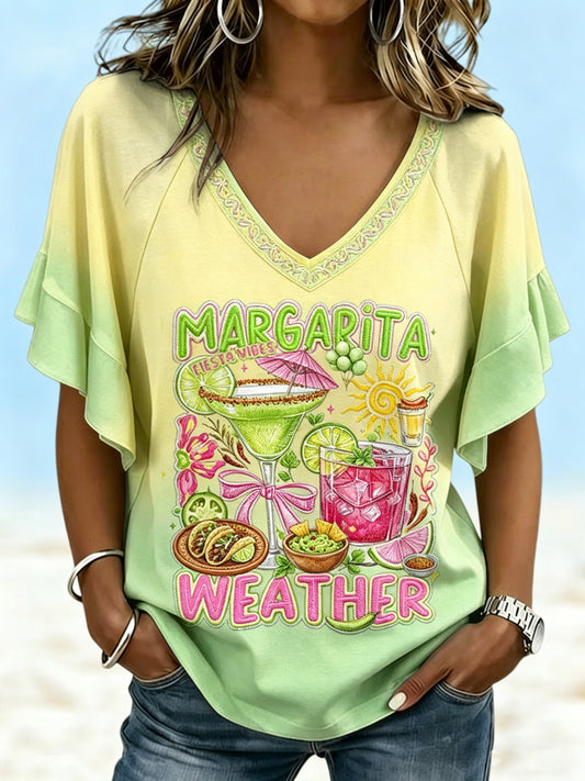 Women's Margrita Printed V-neck Ruffle Sleeve T-shirt
