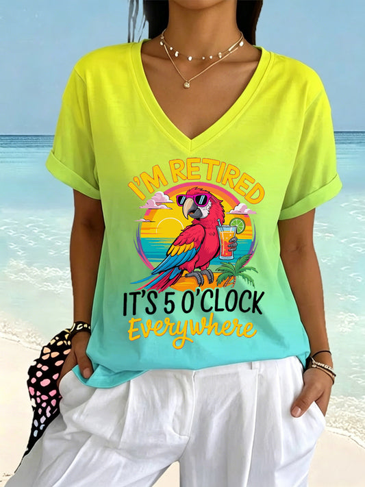 Women's I'm Retired It's 5 O'clock Everywhere Parrot Print Casual V-Neck Tee