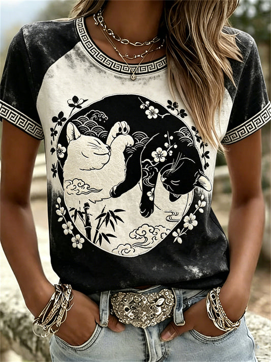 Women's Black and White Cats Cherry Blossom Japanese Lino Print T-shirts