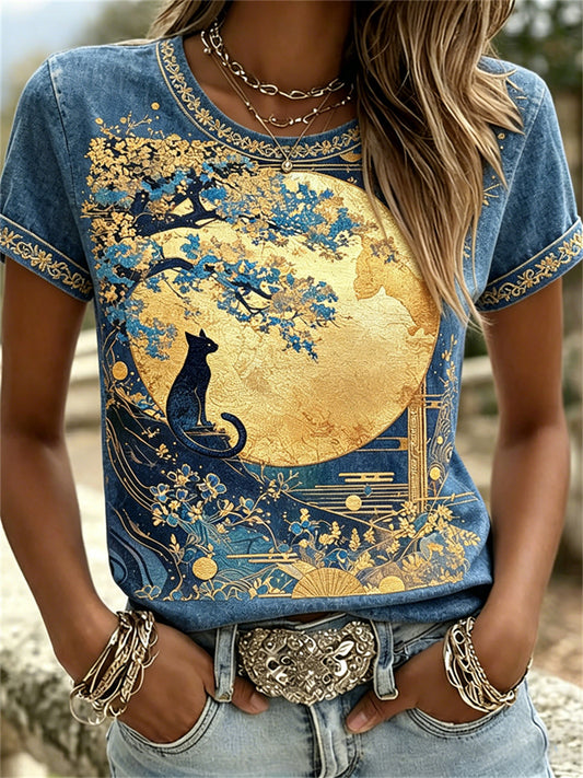 Women's Cat & Gold Full Moon Japanese Floral Art Print T-shirts