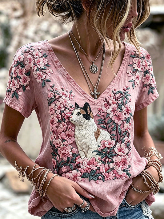 Women's Cute Animal Cat Short-Sleeve Casual V-Neck T-Shirt