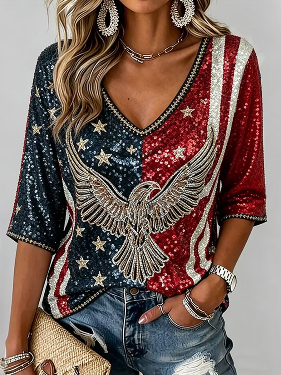 Women's Vintage Independence Day Eagle Art Print  V-Neck T-Shirt
