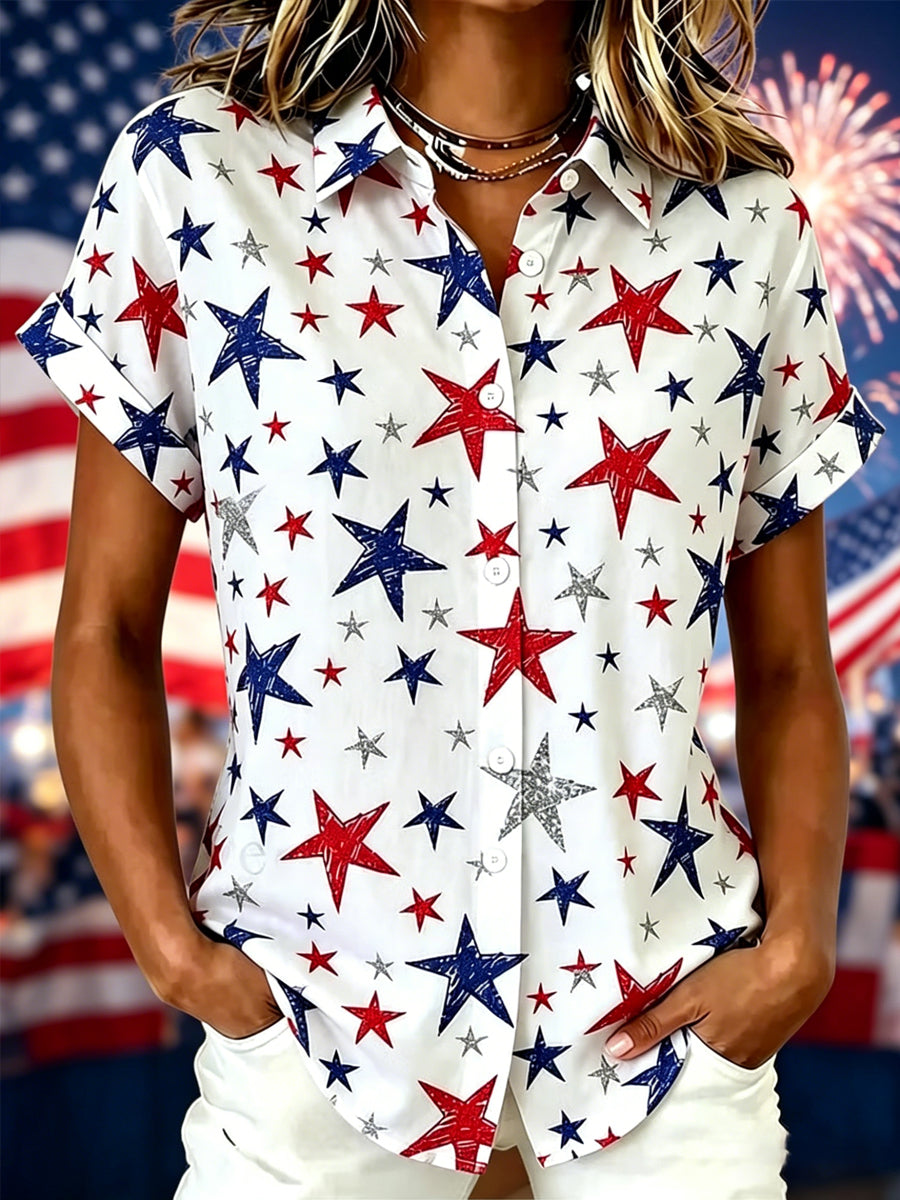 Women's Independence Day Red White Blue Stars Print Casual Patriotic Short Sleeve Shirt