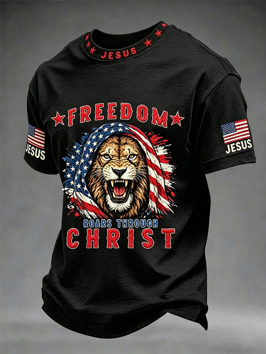 Men's Christian Freedom Roars Through Christ Jesus Cross Short Sleeve O-neck T-shirt