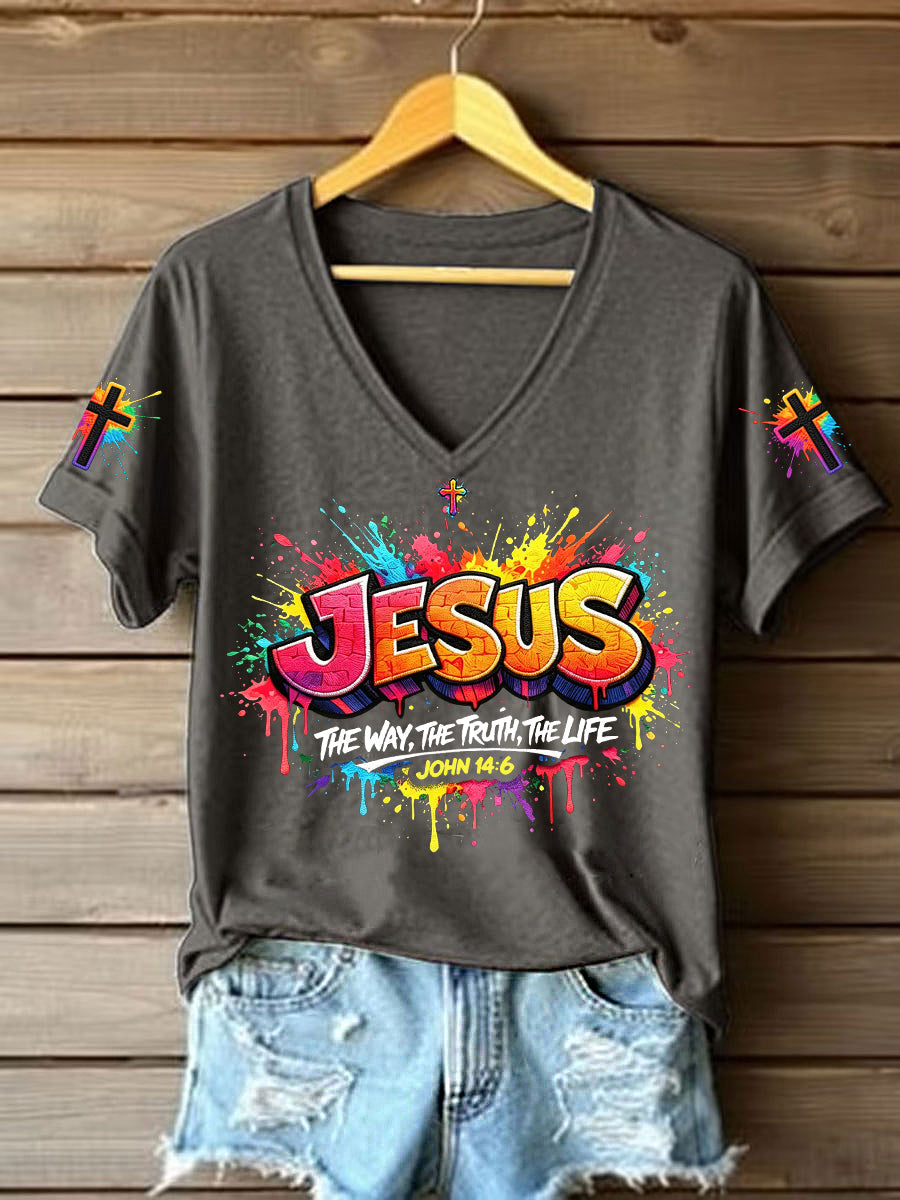 Women's Christian Jesus Cross Short Sleeve V-neck T-shirt