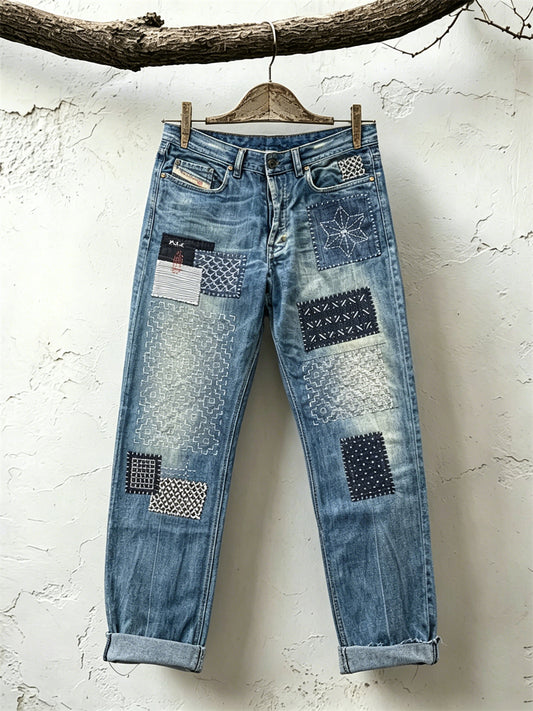 Vintage Japanese Sashiko Patchwork Art Print Jeans