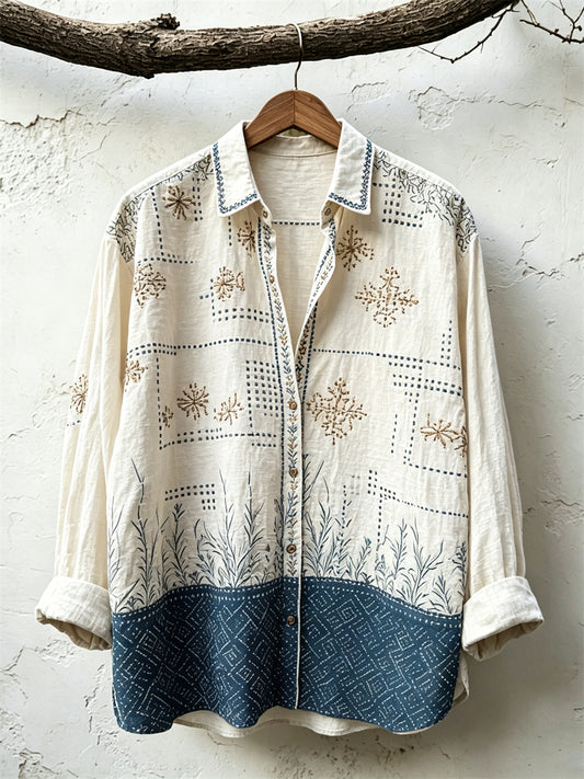 Vintage Japanese Plants Sashiko Art Contrast Print Linen Shirt