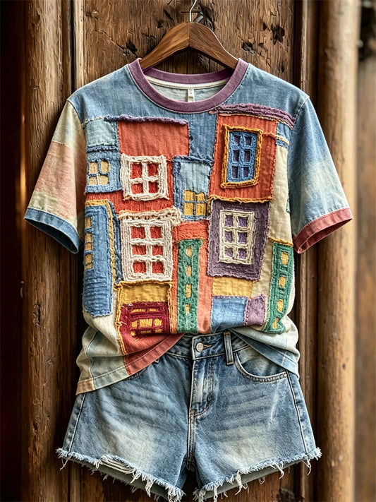 Women's Vintage Buildings & Windows Colorblock Print short-sleeved T-shirt
