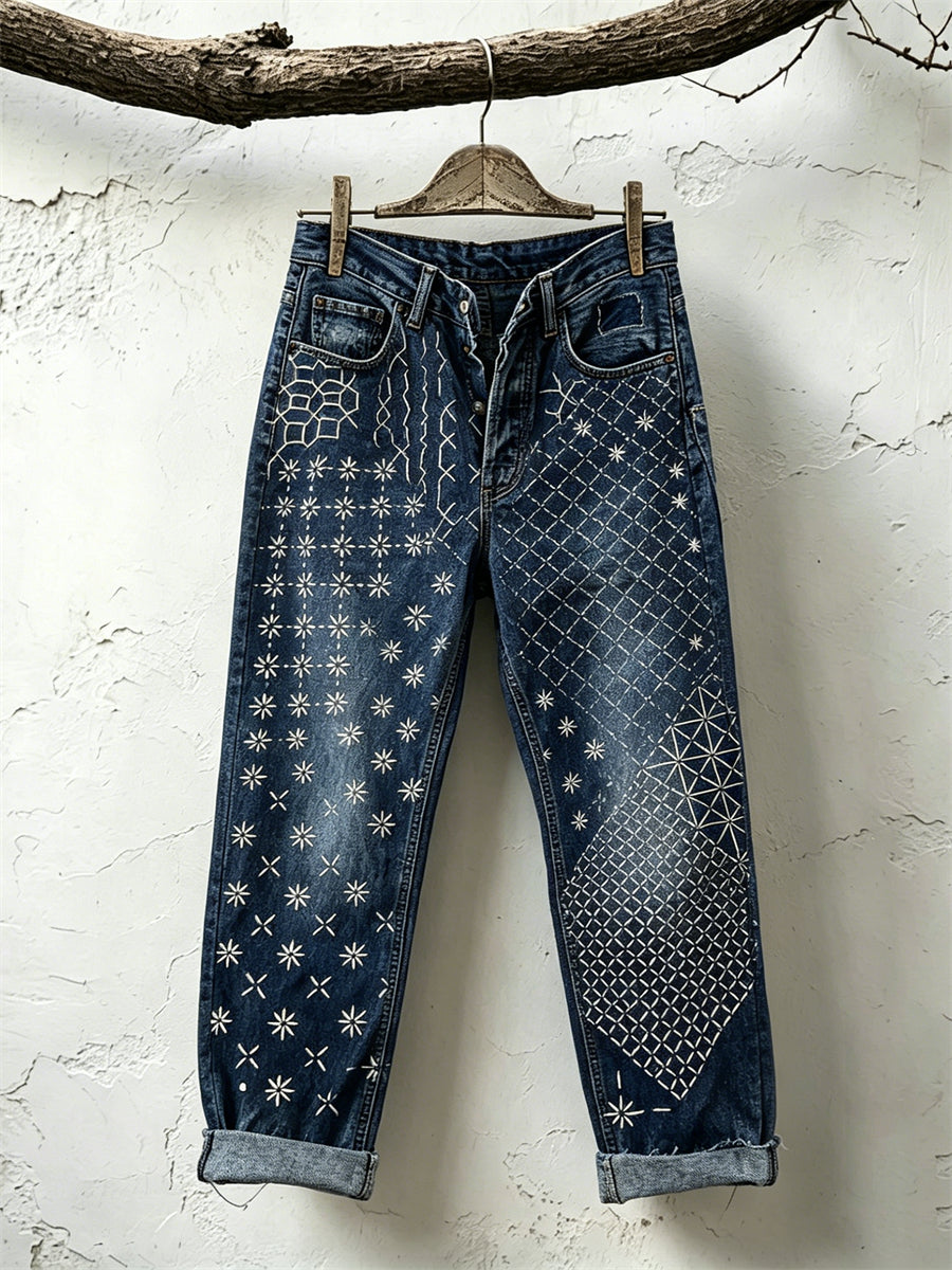 Vintage Japanese Geometric Sashiko Art Print Jeans