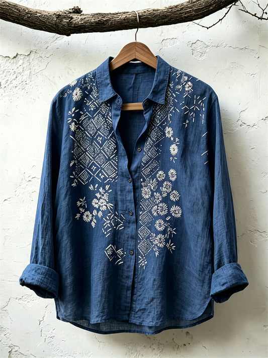 Vintage Japanese Floral Sashiko Art Print Linen Shirt